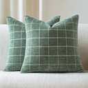 Decorative Chenille Plaid Throw Pillow Covers  Set of 2 Vintage Check Couch Pillows Neutral Boho Farmhouse Cushion Covers Modern Home Decor for Sofa Bed Living Room Sage Green 16×17inch