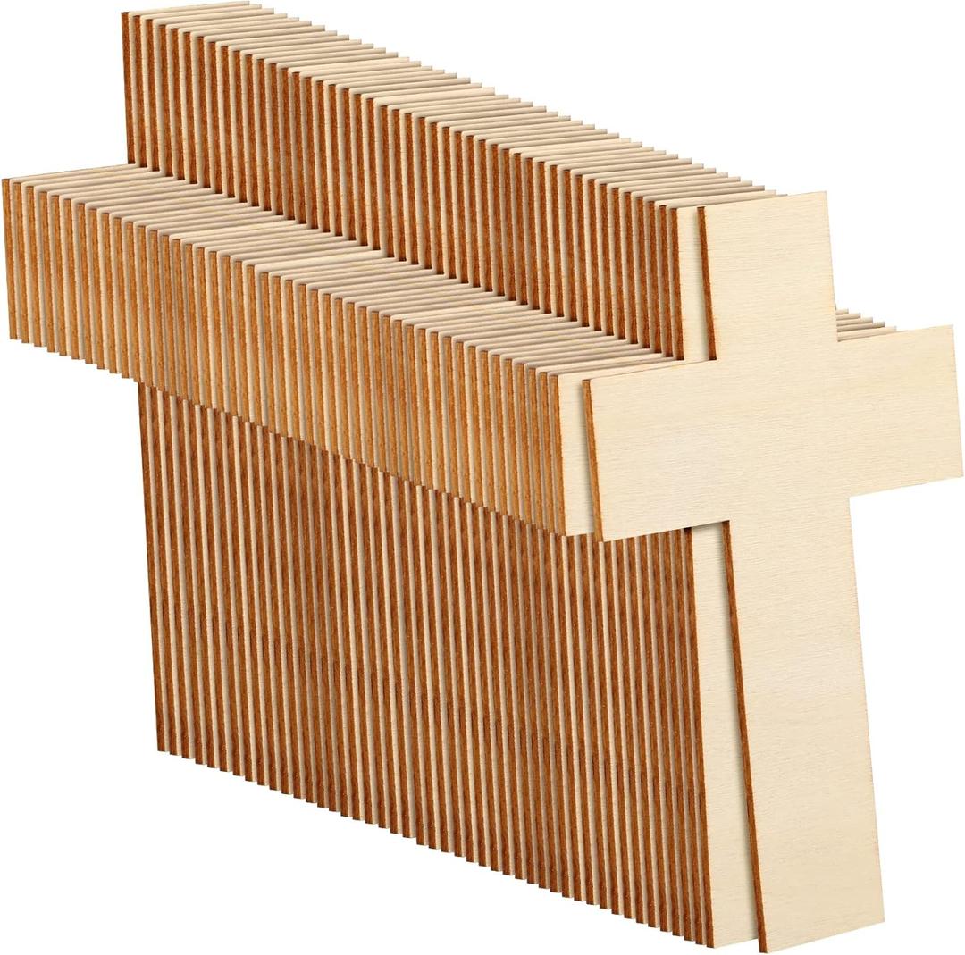 Treela 100 Pack Blank Wooden Cross Unfinished Cross Shaped Wooden Cutouts for DIY Project Tags Sunday Church Home Decoration Ornaments, 11 x 7 cm/ 4.3 x 2.8 Inches