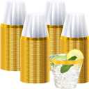 100 Pcs Gold Plastic Cups,9Oz Gold Rimmed Plastic Cups,Heavy Duty Gold Rim Clear Disposable Plasitc Cocktail Tumblers Cup for Party,Wedding,Birthday,Christmas