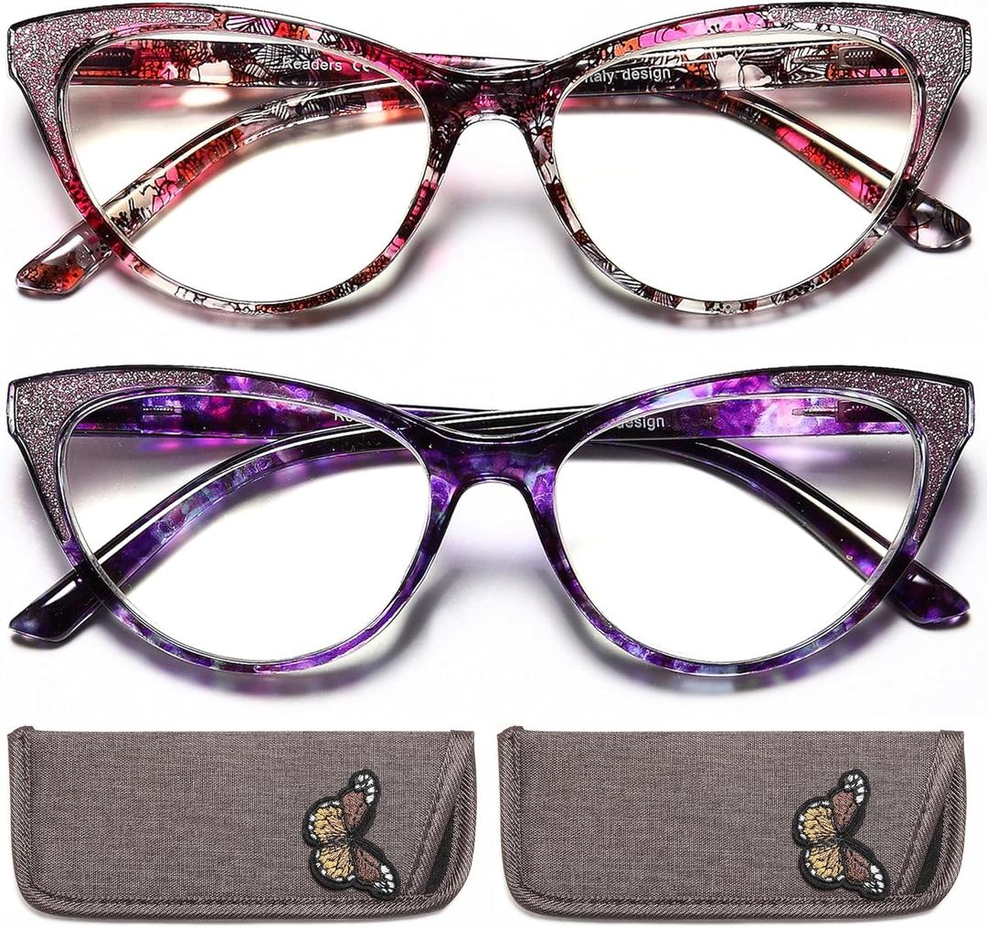 Cat Eye Reading Glasses for Women, Eyeglasses, Blue Light Readers for Women, Computer Eye Glasses, Cheaters, Stylish Glitter Frame for All Face Shapes, 2.5 (Pink/Purple)