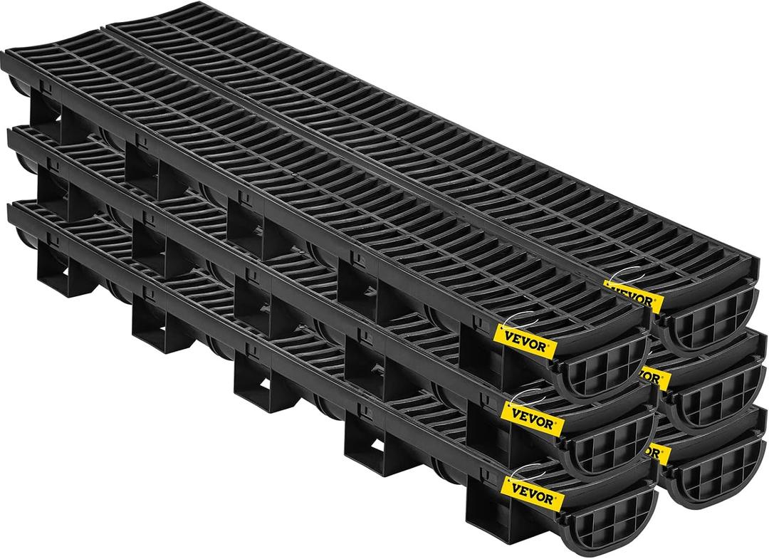 VEVOR Trench Drain System 6 Pack, Channel Drain with Plastic Grate 5.8 x 3.1 in HDPE Drainage Trench, Black Plastic Garage Floor Waterway 6 x 39 in with 6 End Caps for Garden Driveway