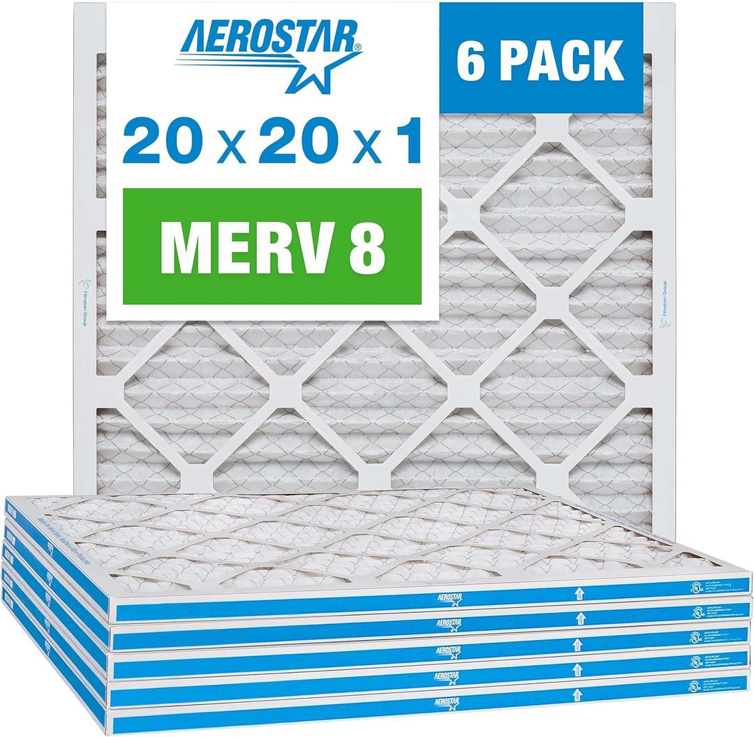 Aerostar 20x20x1 MERV 8 - 6 Count - High Efficiency Pleated HVAC, Furnace & Air Conditioner Filters - Removes Dust, Lint, Mold & Allergy-Causing Pollen