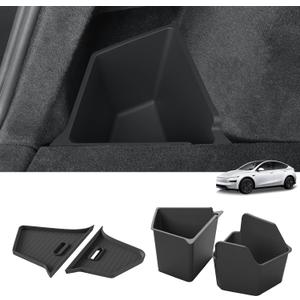 LUCKEASY Rear Trunk Storage Bins Fit for Tesla Model Y Juniper 2025 2026 Standard & Premium & Performance Trunk Side Storage Box with Lids Rear Cargo Garbage Bins Accessories Black TPE