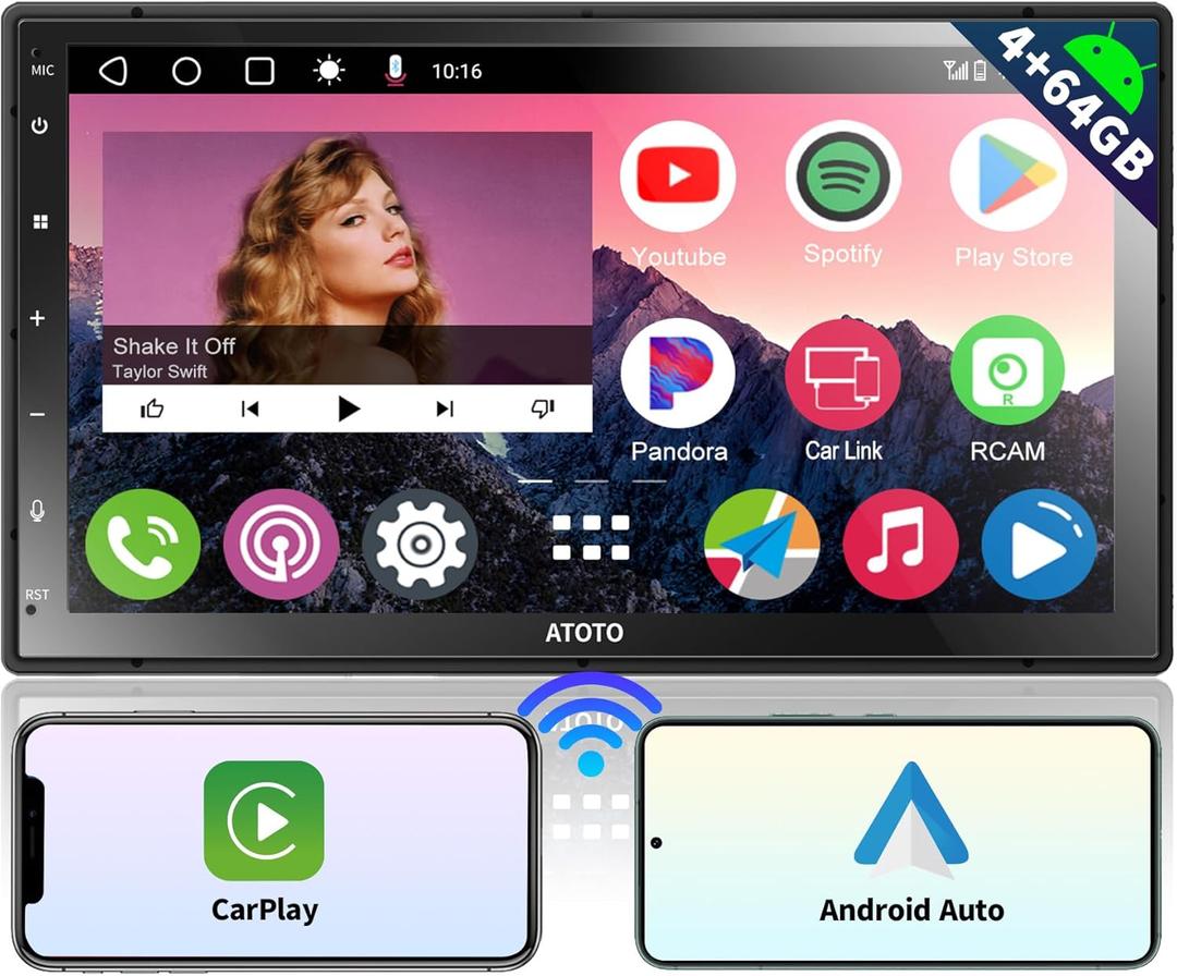 ATOTO A6 7inch Double DIN Android Car Stereo 1280 * 720 QLED Touchscreen, Wireless CarPlay & Wireless Android Auto, 4G+64G, Dual Bluetooth, MirrorLink, GPS Tracking, WiFi/BT/USB Tethering, A6G2C7PP