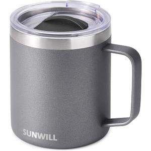 SUNWILL Travel Coffee Mug with Lid, Insulated Tumbler with Handle, 14 oz Stainless Steel Cup for Ice, Water, Tea, Powder Coated Cool Grey