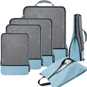 BAGAIL 4 Set/6 Set/8 Set Compression Packing Cubes Travel Accessories Expandable Packing Organizers(Dusty Blue HalfMesh 6 Set) (6-Dusty Blue)
