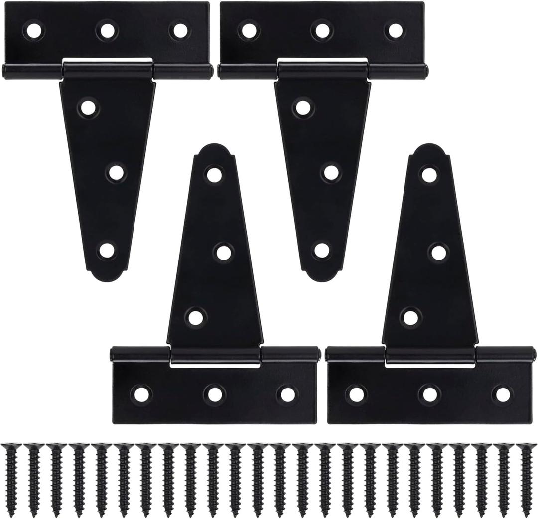 4 Inch T-Strap Gate Hinges, Shed Barn Door Hinges Heavy Duty, Black Tee Hinges for Wooden Fences, Yard Gate, Wrought Hardware Iron Rustproof (4 Pack/Set)