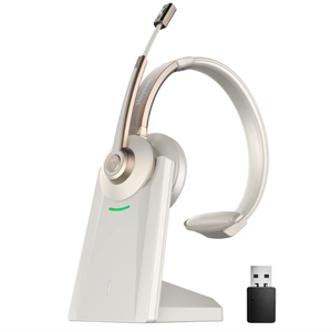Bluetooth Headset, Wireless Headphones with Microphone Noise Canceling & USB Dongle, V5.0 Trucker Bluetooth Headset with Mic Mute & Charge Dock for PC/Laptop/Phone/Meeting/CallCenter/Office Gold