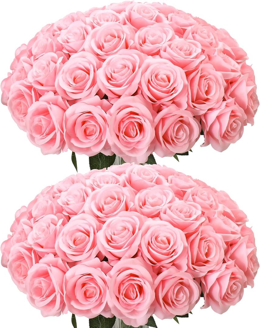 50pcs Artificial Roses Flowers in Bulk,Realistic Silk Fake Rose with Long Stem for Wedding Centerpieces Bouquet Party Floral Arrangement Home Decoration(Pink)