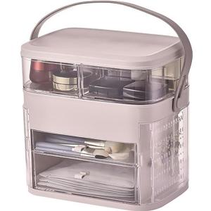 Makeup Organizer with LED Mirror Skin Care Organizer with Jewelry Holder Dustproof & Waterproof Portable Hand Strap Skincare Organizer for Bathroom Bedroom Countertop or Vanity, (Pink)