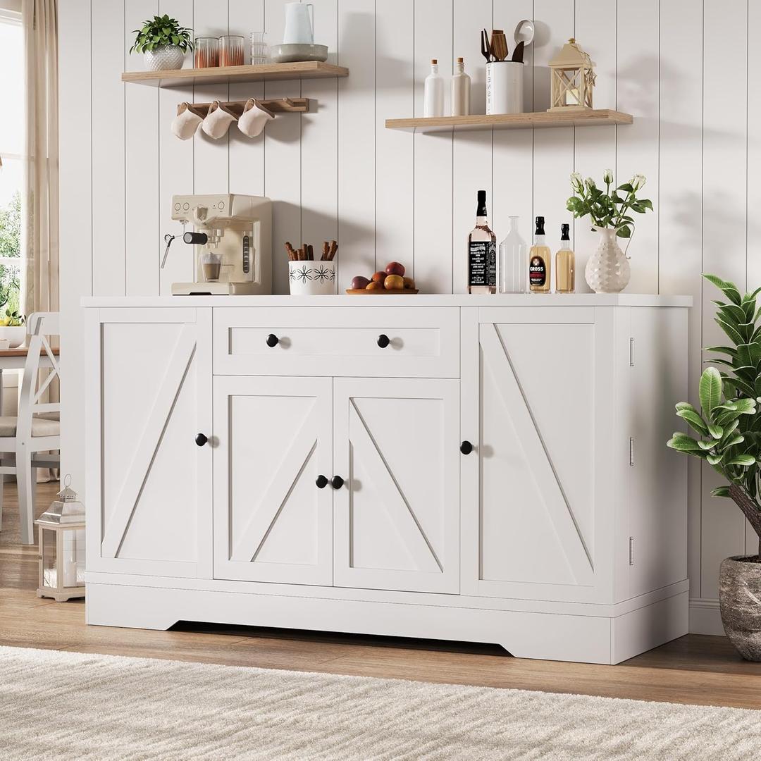55" Buffet Cabinet with Storage, Kitchen Buffet Sideboard with Pull-Out Shelves and Drawer, Wood Farmhouse Coffee Bar Cabinet with 4 Adjustable Shelves, Kitchen Pantry for Living Room, White
