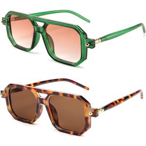 BUTABY Retro Square 70s Flat Aviator Sunglasses Women Men Vintage Trendy Plastic Frame Sun Glasses UV400 Protection (Leopard Frame Brown Lens + Green Frame Gradient Pink Lens)