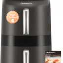 12QT Large Double Air Fryer, Family-Size Dual Airfryer with 2 Baskets, SyncHeat Even Heating, Stacked Compact Design, Smart Finish & Match Cook, PFAS-Free Nonstick, Dishwasher-Safe, Brown Black