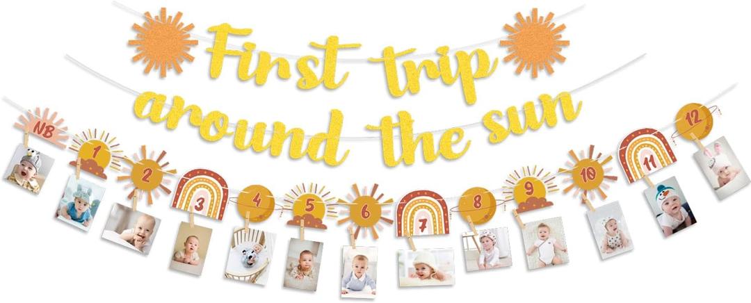 Boho Sun 1st Birthday Decorations, Include First Trip Around The Sun Banner, Bohemian Monthly Photo Banner for Kids First Birthday Party, Boho Rainbow You are My Sunshine Party Supplies