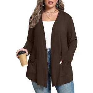 Women's Plus Size Lightweight Long Sleeve Casual Soft Open Front Cardigan Cover ups with Pockets (3X-Large, A11-brown)