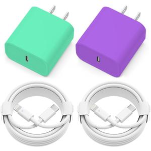 iPhone Charger Fast Charging, 2 Pack 20W USB C Wall Charger Block with 2 Pack MFi Certified 6FT Type C to Lightning Cables for iPhone 14 13 12 11 Pro Max XR XS X, iPad,AirPods Pro (Purple+Green)