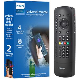 Philips Universal Companion Remote Control for Samsung, Vizio, LG, Sony, Roku, Apple TV, RCA, Panasonic, Smart TVs, Streaming Players, Blu-ray, DVD, 4 Device, Flip & Slide Roku, Black, SRP2024R/27