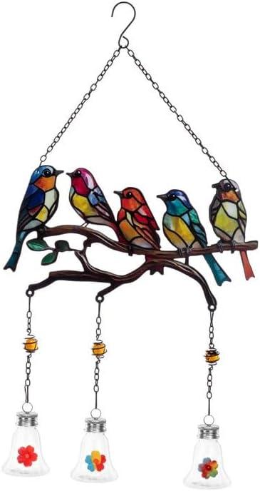 Napco Imports Decorative Patio Garden Hanging Hummingbird Feeder 21 Inch Metal Stained Glass Birds on Branch