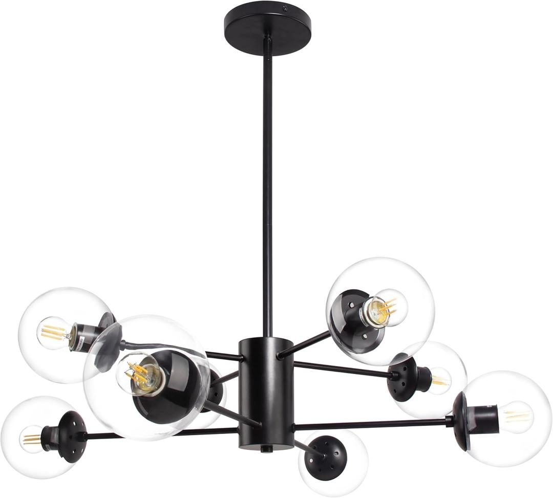 8-Light Globe Sputnik Chandelier Mid Century Sputnik Chandeliers Modern Black Chandelier with Clear Globe Pendant Light Clear Glass Adjustable Hanging Ceiling Light for Living Dining Room (8-Light, 35.4", 2-Tier)