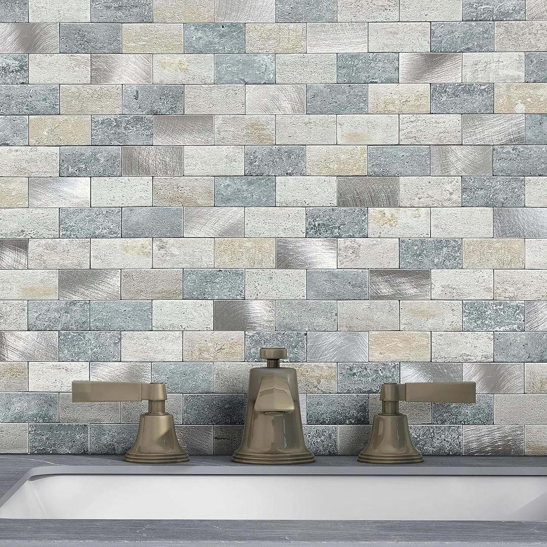 Peel and Stick Brick Backsplash for Kitchen,Back Splash for Bathrooms Walls Tiles Waterproof(10sheets,Blue Gray)