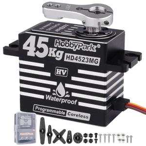 HobbyPark Waterproof RC Servo High Torque Coreless Motor Metal Gear Digital Servo Aluminum Case Parts for 1/8 1/10 RC Crawler SCX10 TRX4 RC Truck RC Car Buggy Basher Control Angle 180 (45kg Torque)