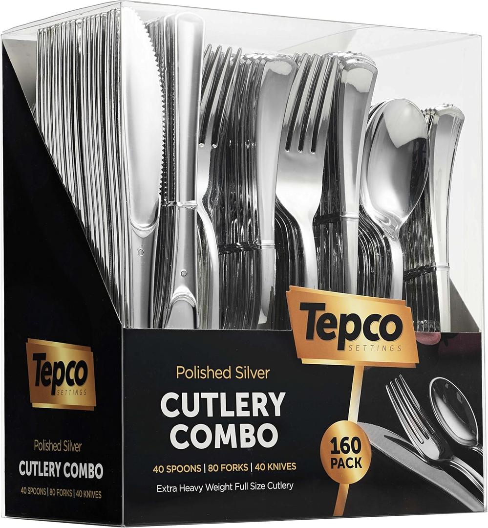 Plastic Silverware Set- Silver Flatware Set- Heavy Duty Cutlery Set - Bulk Combo Value Pack 160 Count 40 Knives 80 Forks 40 Spoons Party Supplies - Tepco Settings