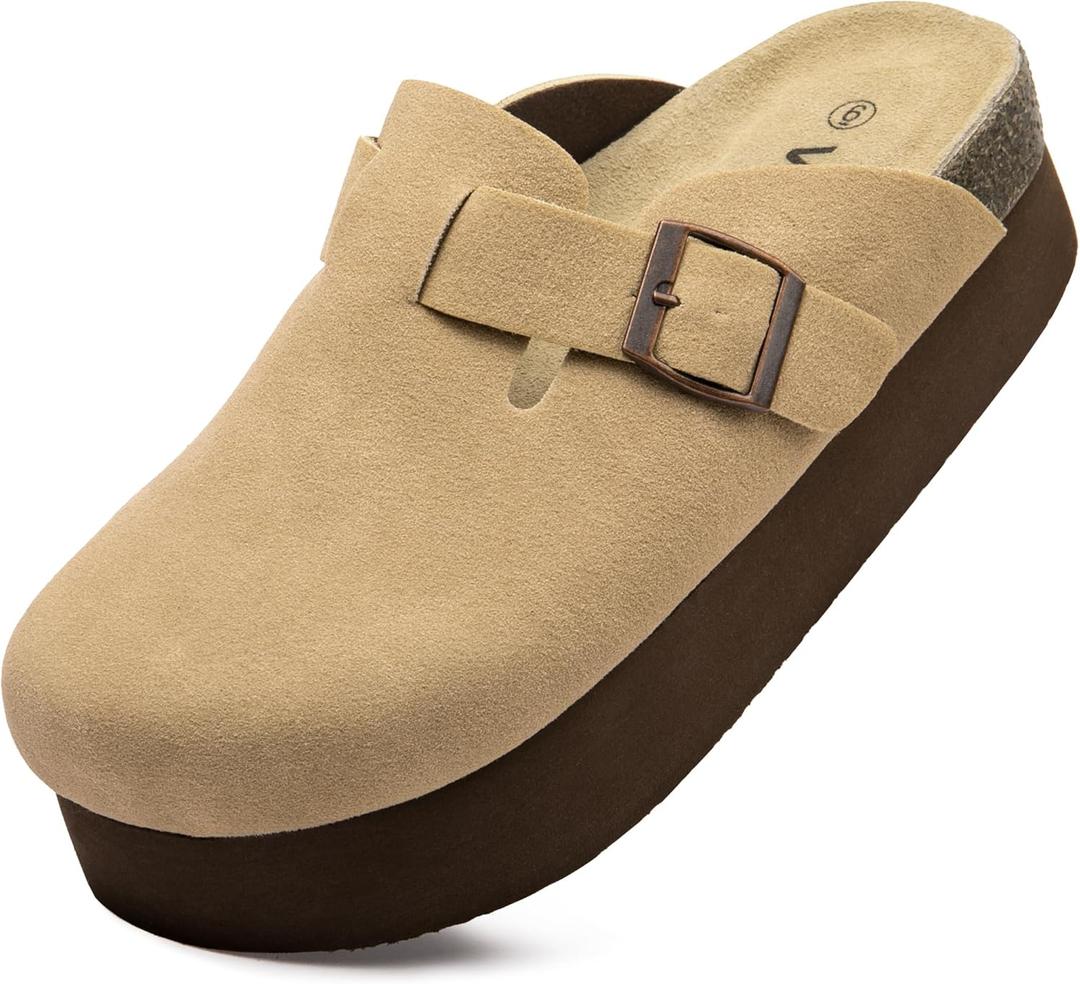 Women's Suede Clogs Cork Footbed Sandals Comfort Platform Mules with Arch Support Adjustable Buckle Slip On Slippers (7, Kakhi)