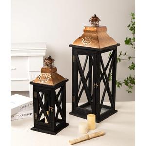Large Farmhouse Wooden Lanterns with Metal Top, Decorative Floor Lanterns Set of 2, Black Frame with Rustic Gold Accents, Indoor/Outdoor Hurricane Lanterns for Home Decor (No Glass)