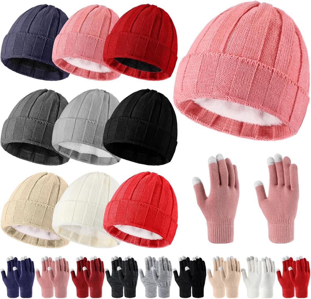 Liitrsh 18 Pcs Winter Warm Beanie Hats and Touch Screen Gloves Bulk Slouchy Beanie Hat Fleece Lined Skull Caps for Men Women (Bright Color)