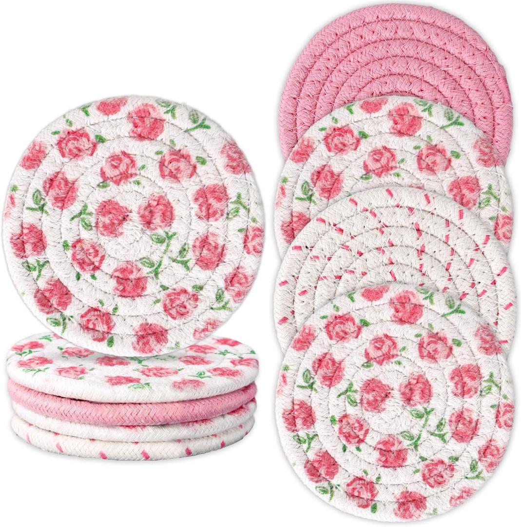 Whaline 4Pcs Pink Flower Coasters Spring Handmade Braided Cotton Coasters Pink Rose Round Anti Slip Absorbent Drink Mats for Home Office Restaurant Housewarming Gifts, 4.3  4.3 inch Whaline 4Pcs Pink Flower Coasters Spring Handmade Braided Cotton Coasters Pink Rose Round Anti Slip Absorbent Drink Mats for Home Office Restaurant Housewarming Gifts, 4.3  4.3 inch