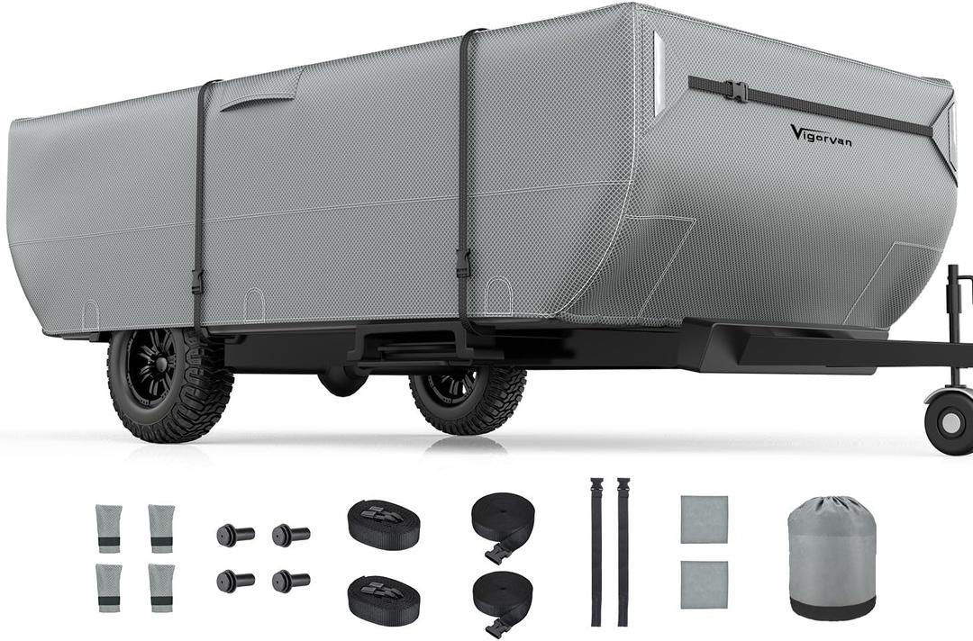 Pop Up Folding Camper Cover Fits 10'-12' Trailers, Upgraded 7 Layers Top Tent Trailer Cover, Anti-UV & Waterproof Folding Trailer Cover with Windproof Straps