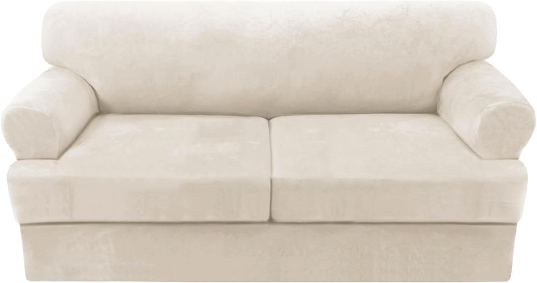 H.VERSAILTEX Sofa Cover 3 Piece Loveseat Slipcovers Thick Velvet Couch Cover Furniture Protector Stretch Sofa Covers for 2 Cushion Couch with 2 Individual T Cushion Covers Washable, Ivory