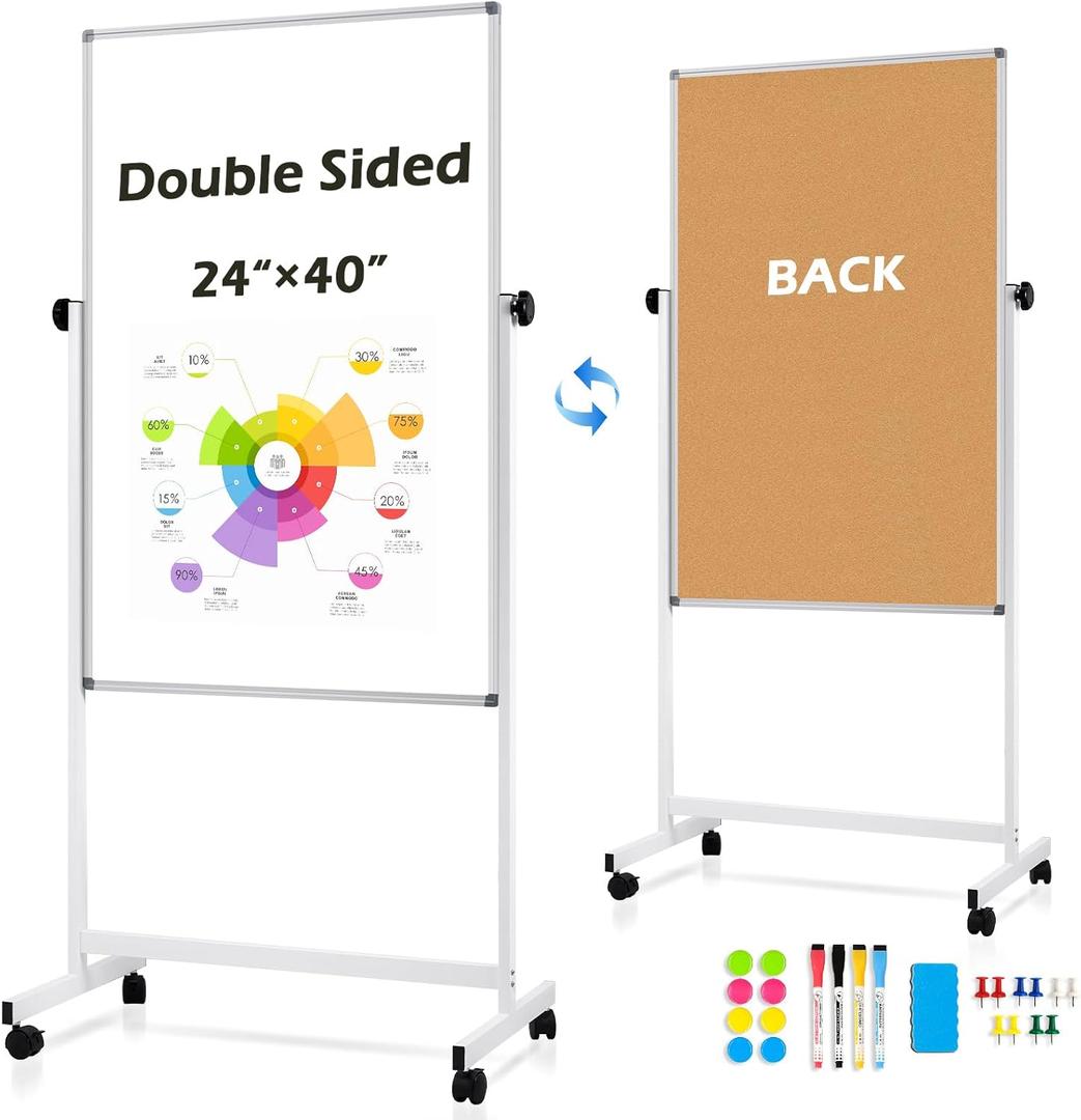 Rolling Whiteboard, 40" x 24" Magnetic Mobile White Board on Wheels, Double Sided, Height Adjustable Aluminum Frame Dry Erase Board Large Cork Bulletin Board for Office, Home, Classroom