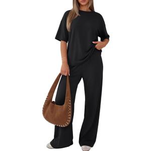 Trendy Queen Women 2 Piece Matching Summer Lounge Sets Clothing 2026 Short Sleeve Shirts & Pants Travel Outfit, Black, Medium