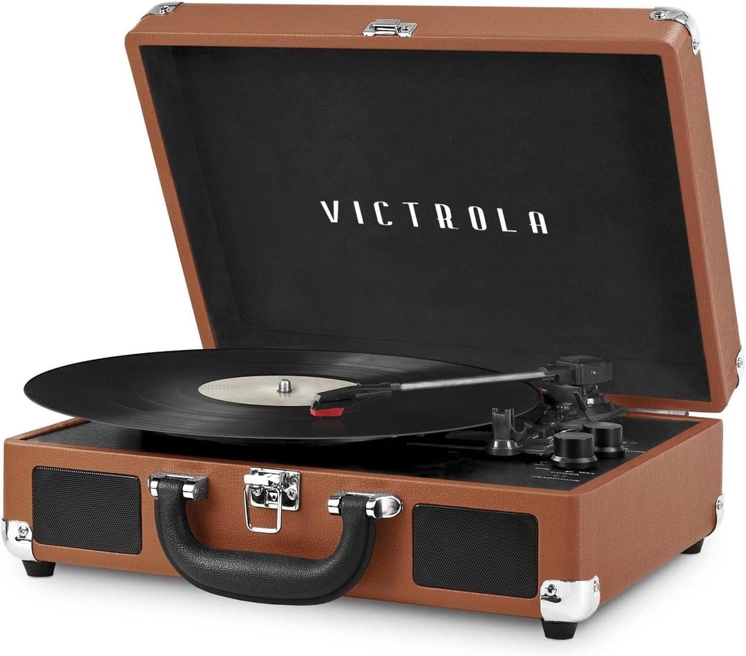 Victrola Journey Bluetooth Portable Suitcase Record Player  with Built-in Speakers, 3 Speed Vinyl Record Player, RCA Out, Headphone Jack (Cognac)