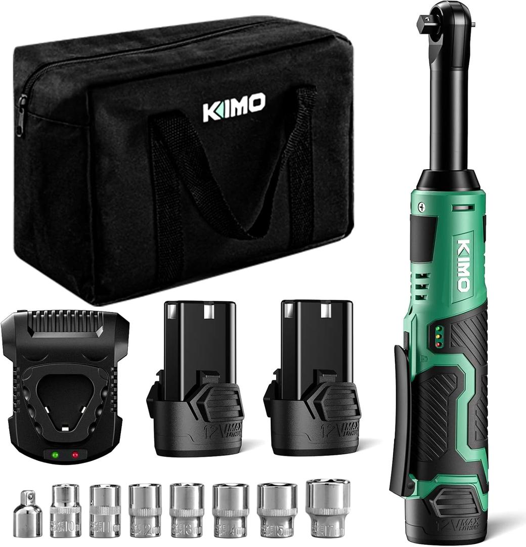 KIMO 3/8" Extended Electric Ratchet Wrench Set, 40 Ft-Lbs 400 Rpm 12V Cordless Ratchet Wrench w/ 2-Pack 2.0 Ah Batteries, 1 Hour Fast Charger & 8 Sockets, Power Ratchet w/Variable Speed & LED Light