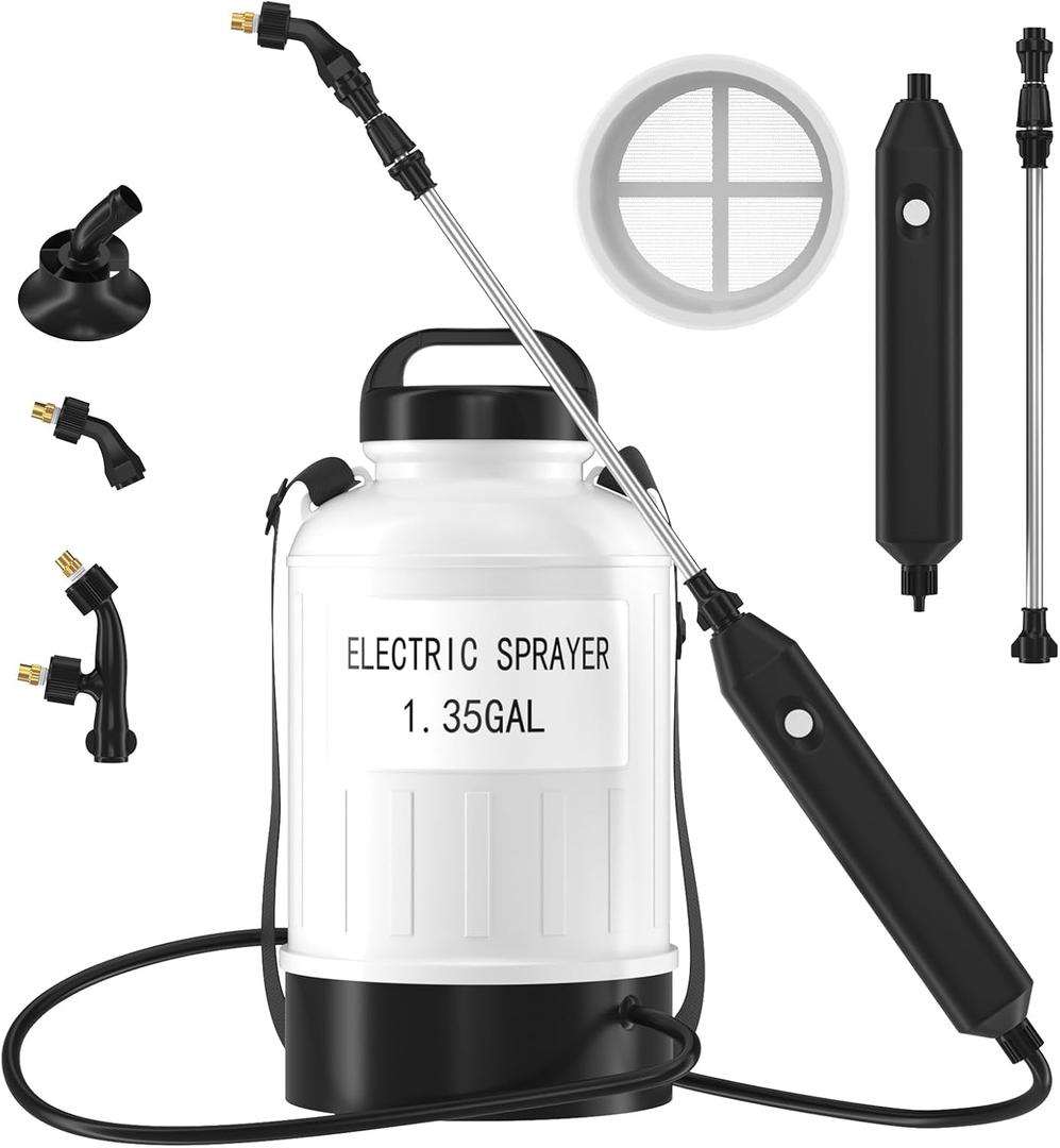 1.35 Gallon Battery Powered Sprayer, USB Pump Sprayer with Extendable Wand | 3 Mist Spray Nozzles USB Rechargeable Handle& Adjustable Shoulder Strap, One-Click Auto Sprayers for Yard Lawn Planting