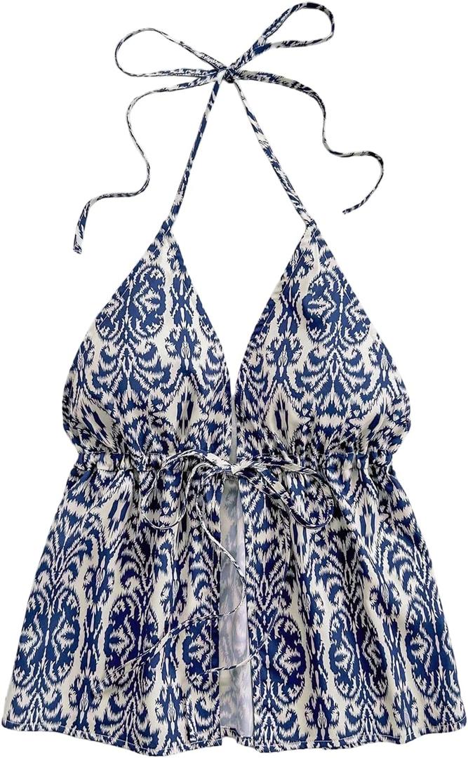 Verdusa Women's Floral Print Backless Ruffle Hem Cami Top Sleeveless Layered Halter Camisole (Medium, Blue and White)
