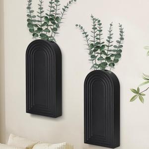 Wall Planter for Indoor Plants, Black Wall Decor for Living Room, Bathroom, Wood Wall Vases for Decor Dried Flowers and Faux Greenery, Set of 2 Modern Farmhouse Decor Hanging Planter