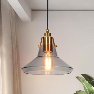 KSANA Gold Pendant Light Fixture, Modern 1-Light Pendant Lighting with Electroplated Brass Finish and Smoked Glass Shade for Kitchen Island, Foyer, Dining Room and Bedroom 8.5” x 8.5” x 8