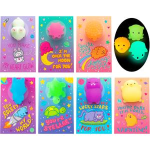 JOYIN 28 Pack Valentines Day Gift Cards with Cute Kawaii Mochi Squishy Toy to Squeeze, Glow in The Dark Stress Relief Fidget Toy for Kids, Classroom Exchange Prizes Valentine Party Favor Toys