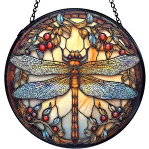 TNUW Dragonfly Stained Glass Window Hanging, Nature Insect Dragonfly Sun Catchers Indoor Window Glass Round Wall Art Decor, Dragonflies Wall Hanging Decorations, 7.9＂x7.9＂