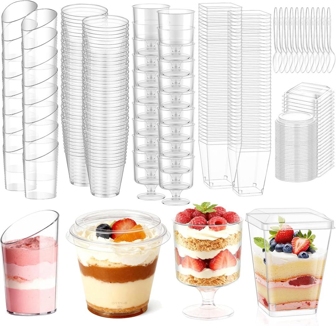 mwellewm 400 Pcs Dessert Cups with Lids and Spoons, 5 OZ Parfait Cups 3 OZ Plastic Desert Cups Clear Mini Shooter Cups for Party Reusable Small Appetizer Serving Fruit Cup Ice Cream Cake Pudding