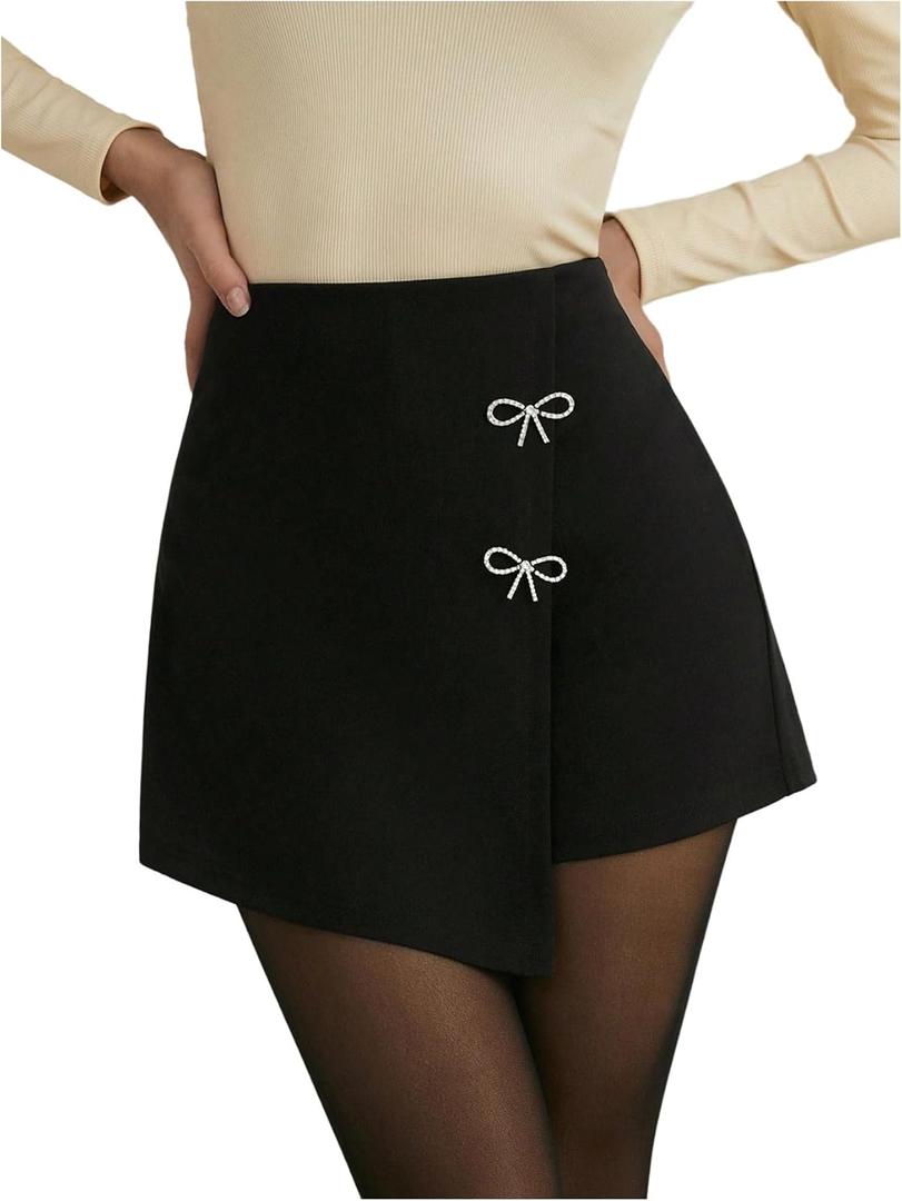 GORGLITTER Women's Bow Asymmetrical Mini Skirts High Waist Wrap Bodycon Skort Skirts (Black)