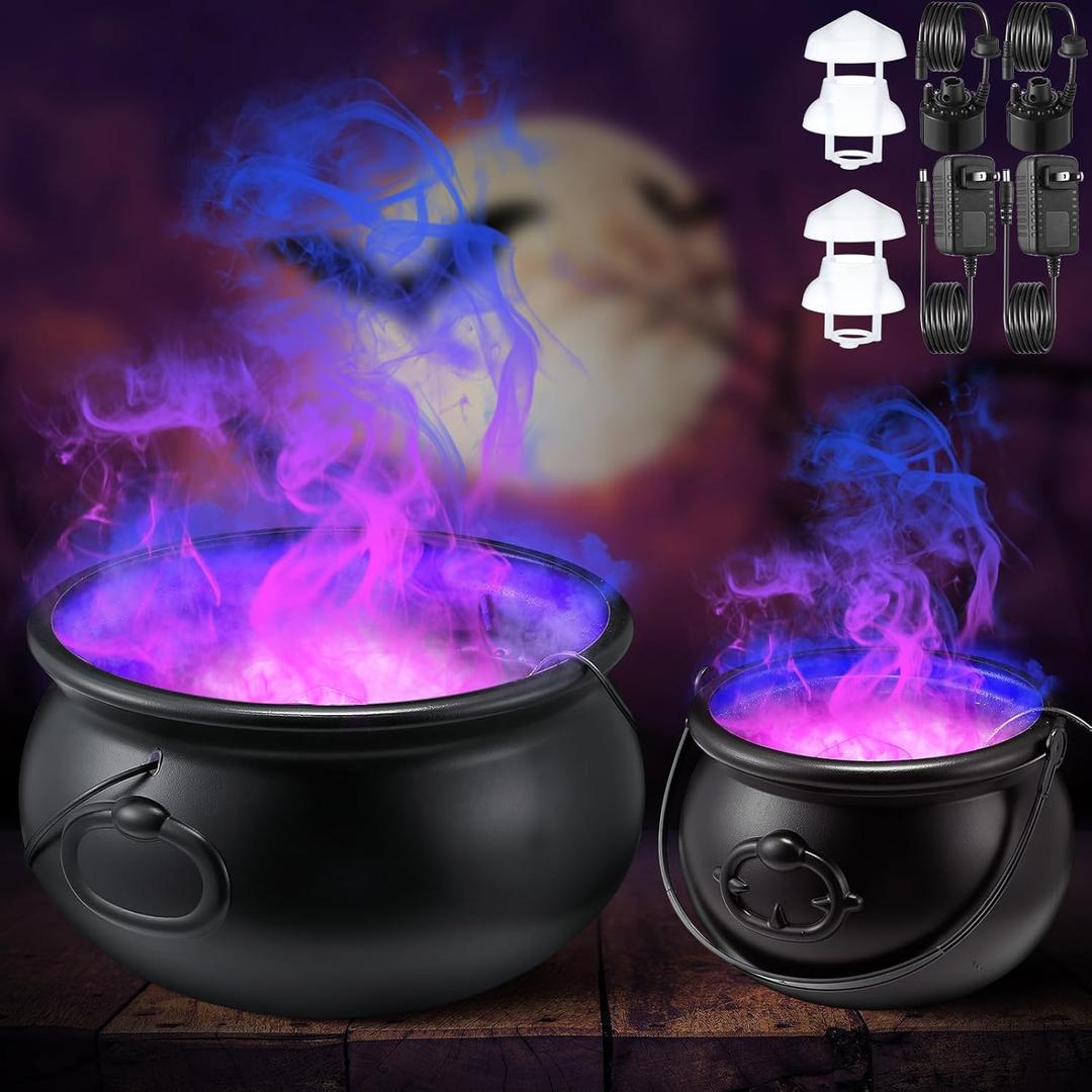 Feekoon Halloween Decorations Outdoor, 8" and 12" Witches Cauldron with 12 LED Mist Maker & Splash Guard, Halloween Cauldron Decor for Yard Decoration Large Witches Cauldron for Halloween Garden Decor
