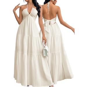 Narecte Women's Maxi Summer Dresses Halter V Neck Beach Dresses for Women A-Line Casual Dress for Vacation (Medium, Beige)