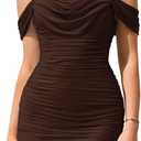 KUTUMAI Women Sexy Off Shoulder Mini Dress Corset Bodycon Ruched Short Cocktail Party Club Dresses (Brown, S)