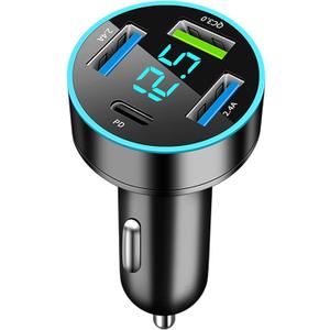 Car Charger Adapter, 4-Port Cigarette Lighter USB Charger Adapter with Voltmeter PD 3.0 & QC 3.0 Car USB Charger Multi Port Accessories Fast Charging for iPhone, Samsung, iPad & Phone Tablets