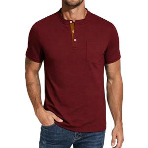 Men's Henley Shirts Short Sleeve Button T-Shirts Casual Summer Classic Pocket Tee Top (Red, M)