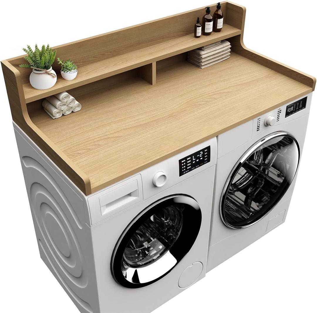 Washer Dryer Countertop, 54" x 27.55" 2-Tier Washer Dryer Topper with Edge, for Laundry Room Organization Oak, 54" x 27.55" x 12"